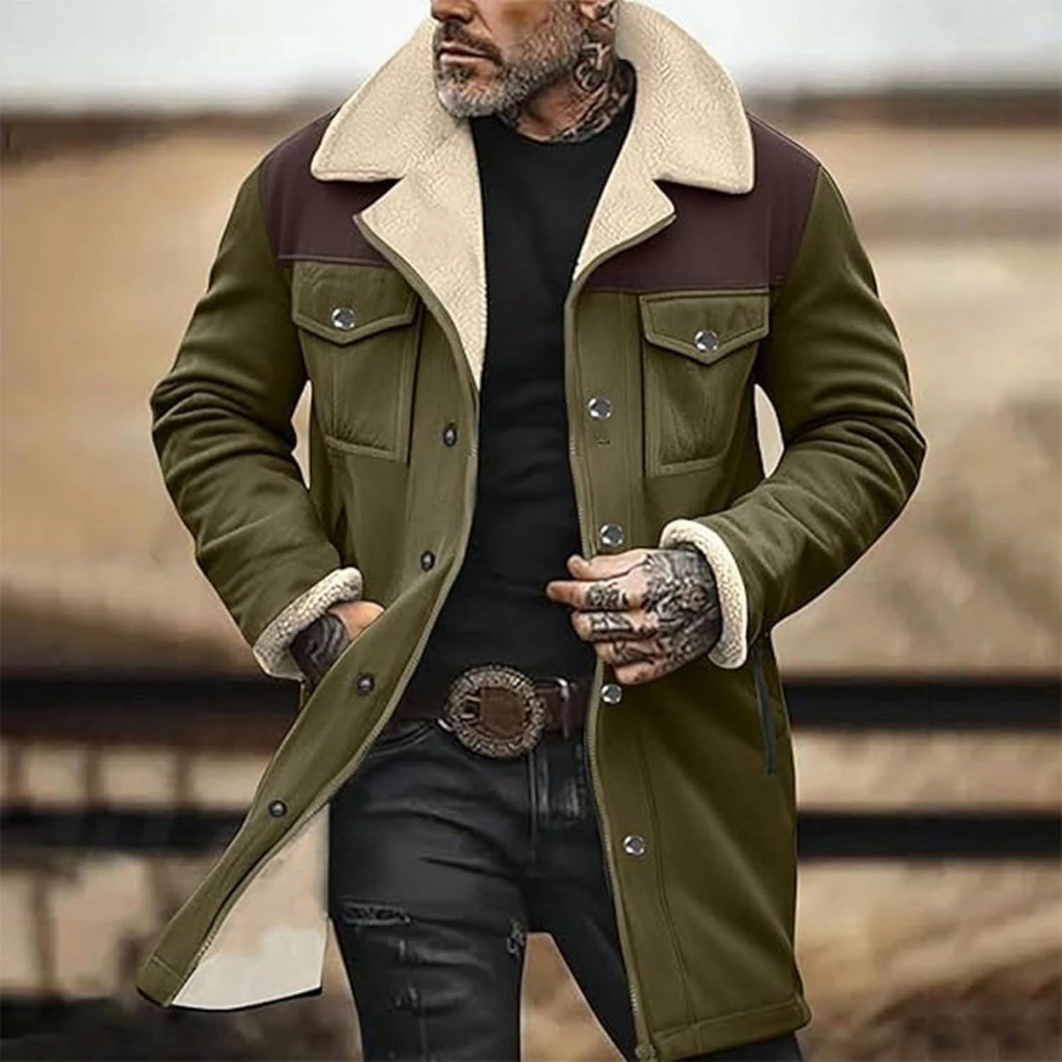 Mens Western Cowboy Vintage Suede Jacket Plush Collar Coats Faux Leather Winter Long Jackets Men Zip Up Casual Retro Tops