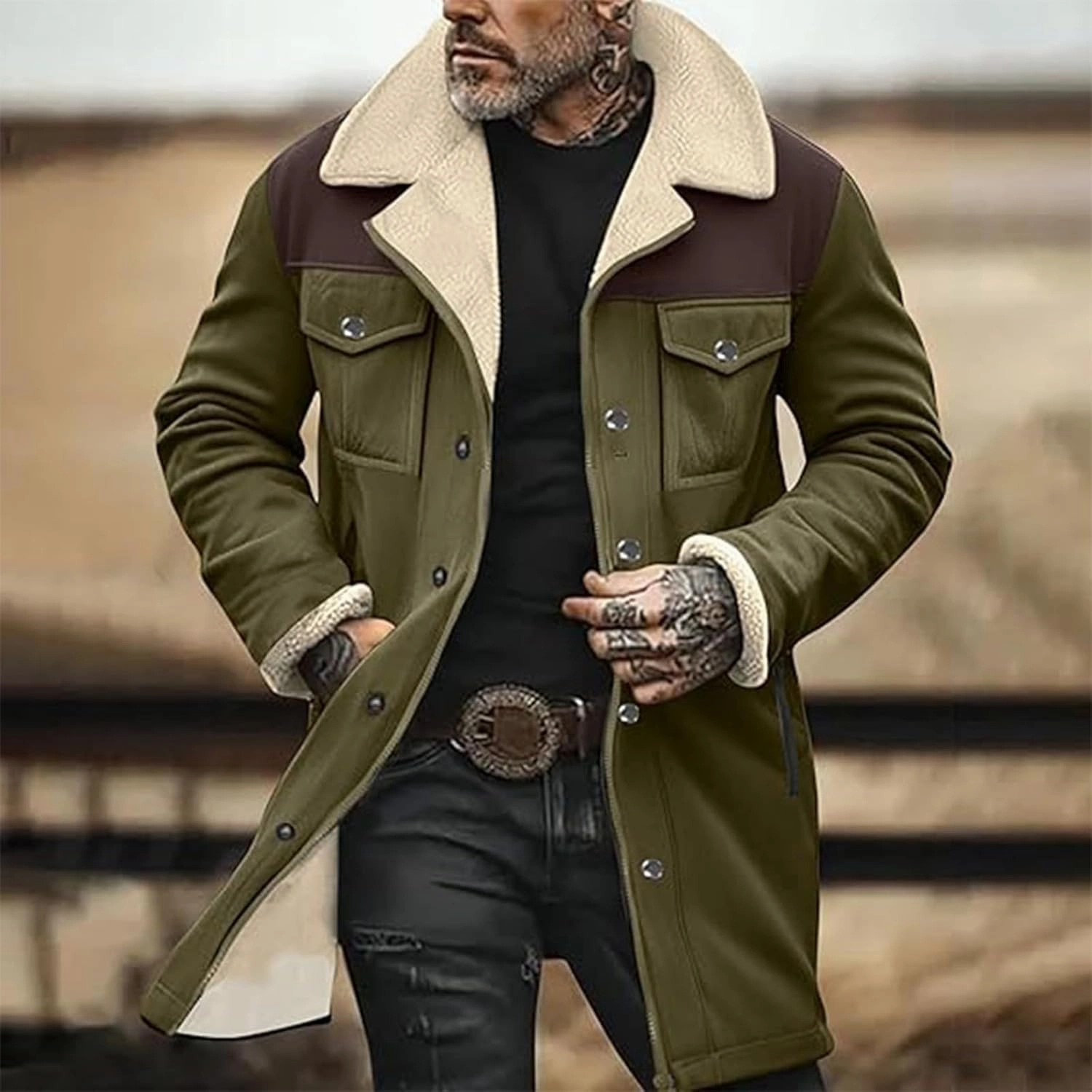 Mens Western Cowboy Vintage Suede Jacket Plush Collar Coats Faux Leather Winter Long Jackets Men Zip Up Casual Retro Tops