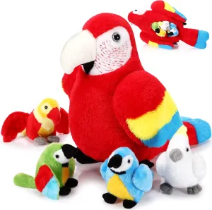 Meooeck 5 Pcs Macaw Parrot Plush Set 13 Inch Mommy Parrot Stuffed Animal with 4 Cute Plush Baby in Her Belly Soft Cuddly Bird for Toddlers Valentines Birthday Hawaii Party(Red Series)