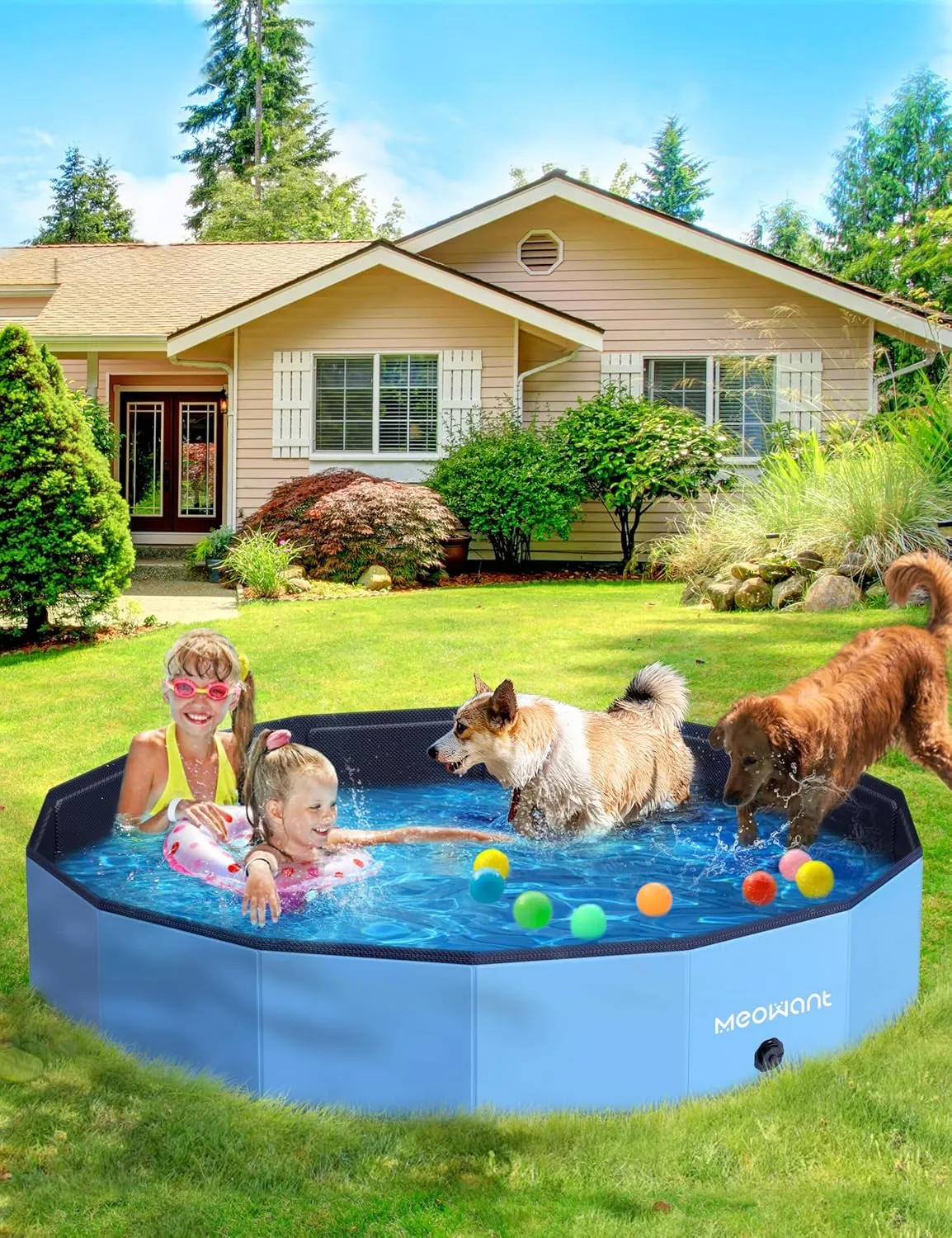 Meowant Foldable Dog Pools for Large Dogs, Hard Plastic Kiddie Swimming Pools, Collapsible Dog Pet Bath Pool, Portable Kids Pool for Extra Large Dogs (XXL-71'' × 12'')