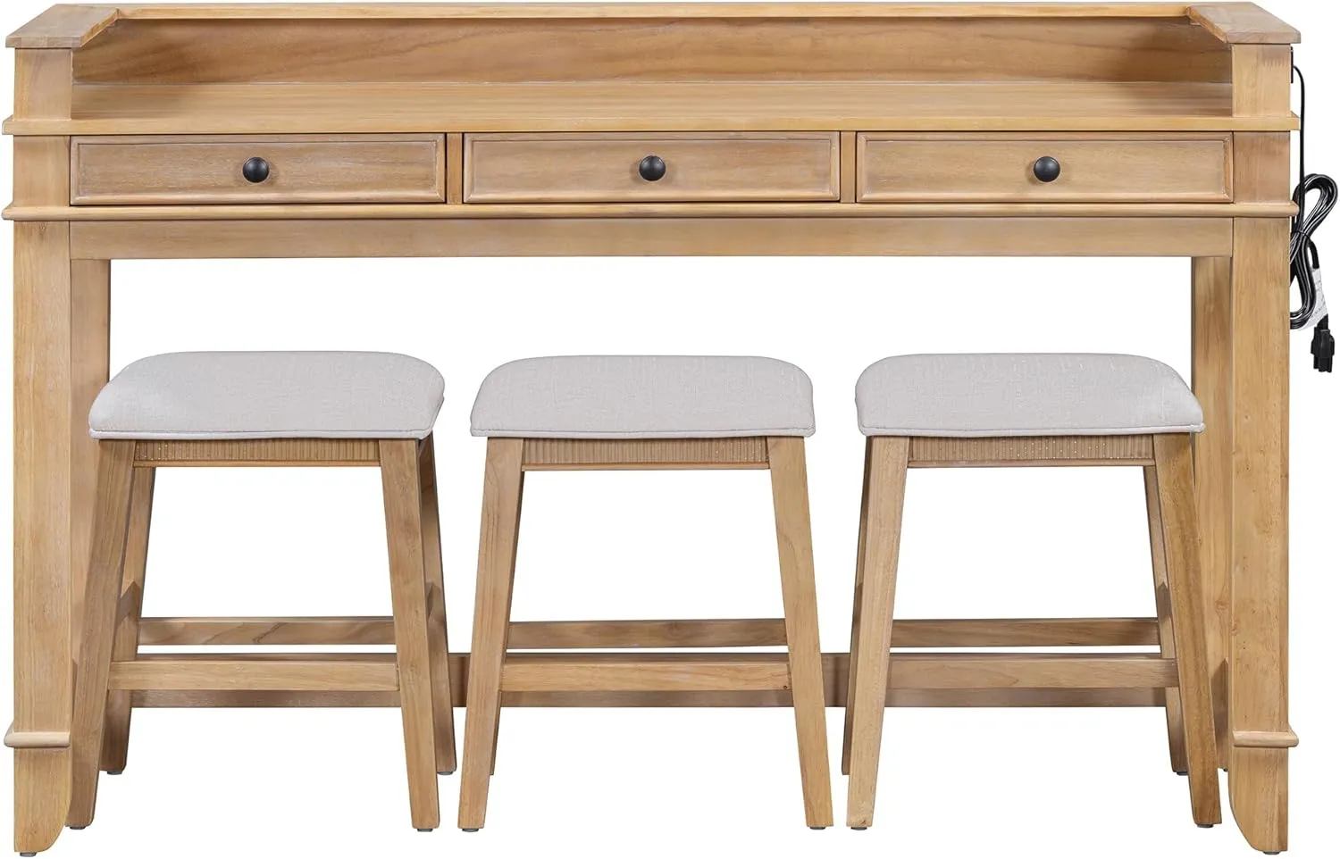 Merax 4 Piece Dining Bar Table Set with Stools for Small Space Solid Wood Kitchen Table Set with Drawers and Charging Station, Natural