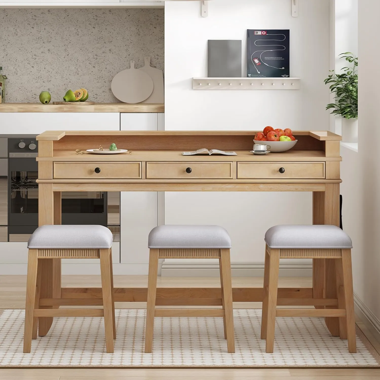 Merax 4 Piece Dining Bar Table Set with Stools for Small Space Solid Wood Kitchen Table Set with Drawers and Charging Station, Natural