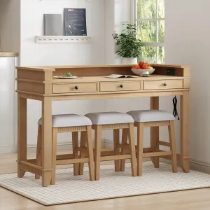 Merax 4 Piece Dining Bar Table Set with Stools for Small Space Solid Wood Kitchen Table Set with Drawers and Charging Station, Natural