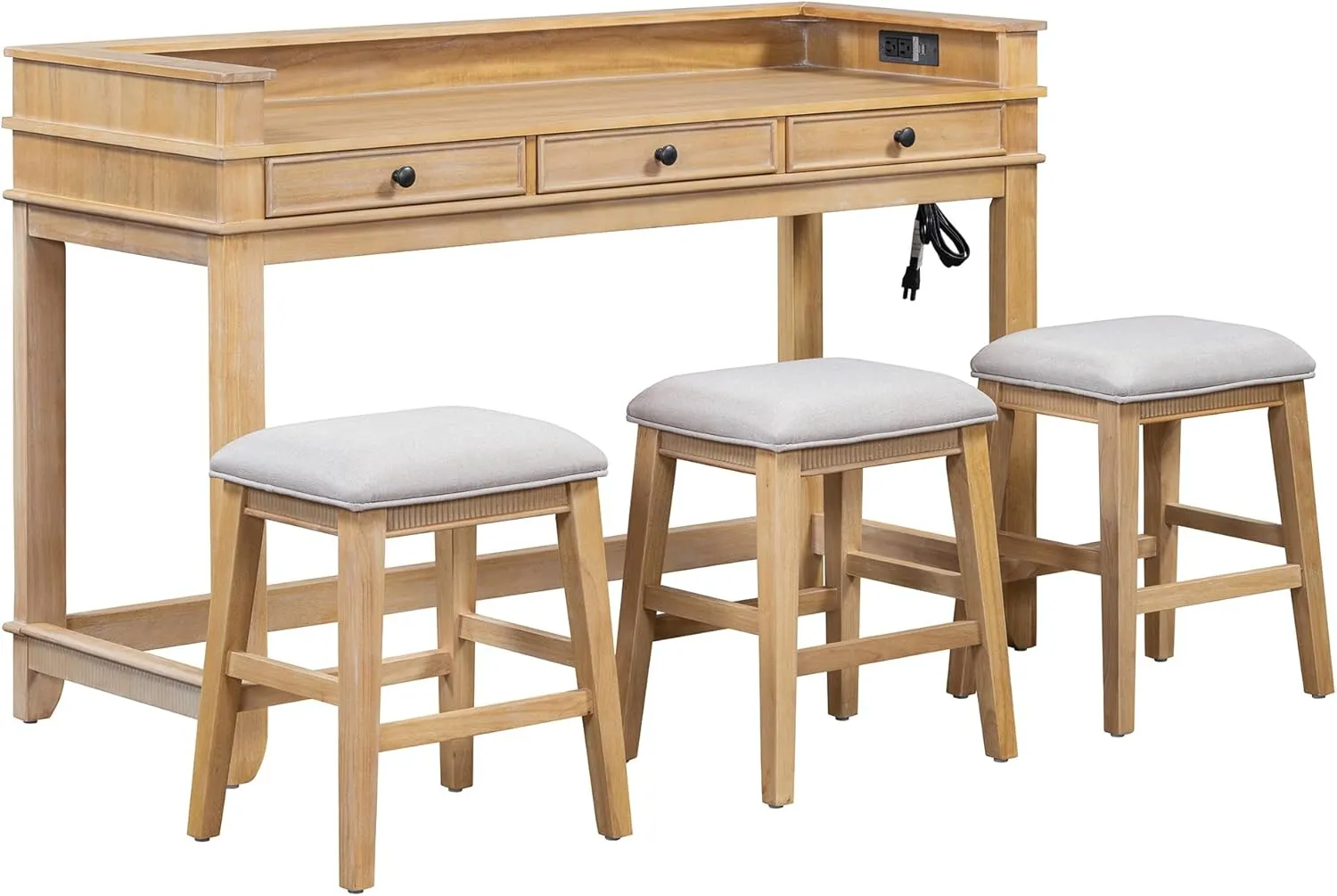 Merax 4 Piece Dining Bar Table Set with Stools for Small Space Solid Wood Kitchen Table Set with Drawers and Charging Station, Natural