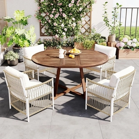 Merax 5 Piece Patio Dining Set, Outdoor Acacia Wood Extendable Round Table with 12 Inch Butterfly Leaf and 4 Rattan Arm Chairs w/Cousions & Pillows for Backyard,Balcony, Garden, Poolside, Natural
