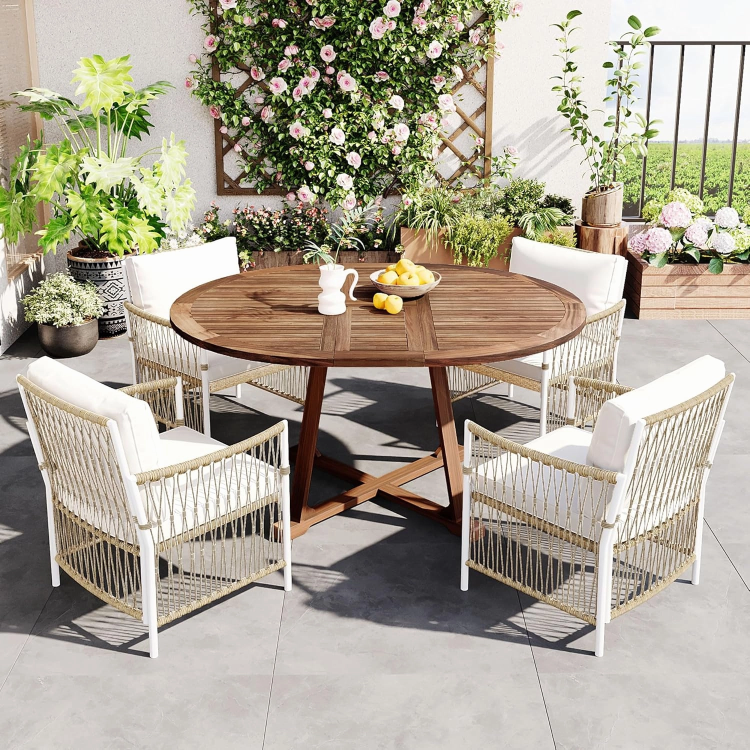 Merax 5 Piece Patio Dining Set, Outdoor Acacia Wood Extendable Round Table with 12 Inch Butterfly Leaf and 4 Rattan Arm Chairs w/Cousions & Pillows for Backyard,Balcony, Garden, Poolside, Natural