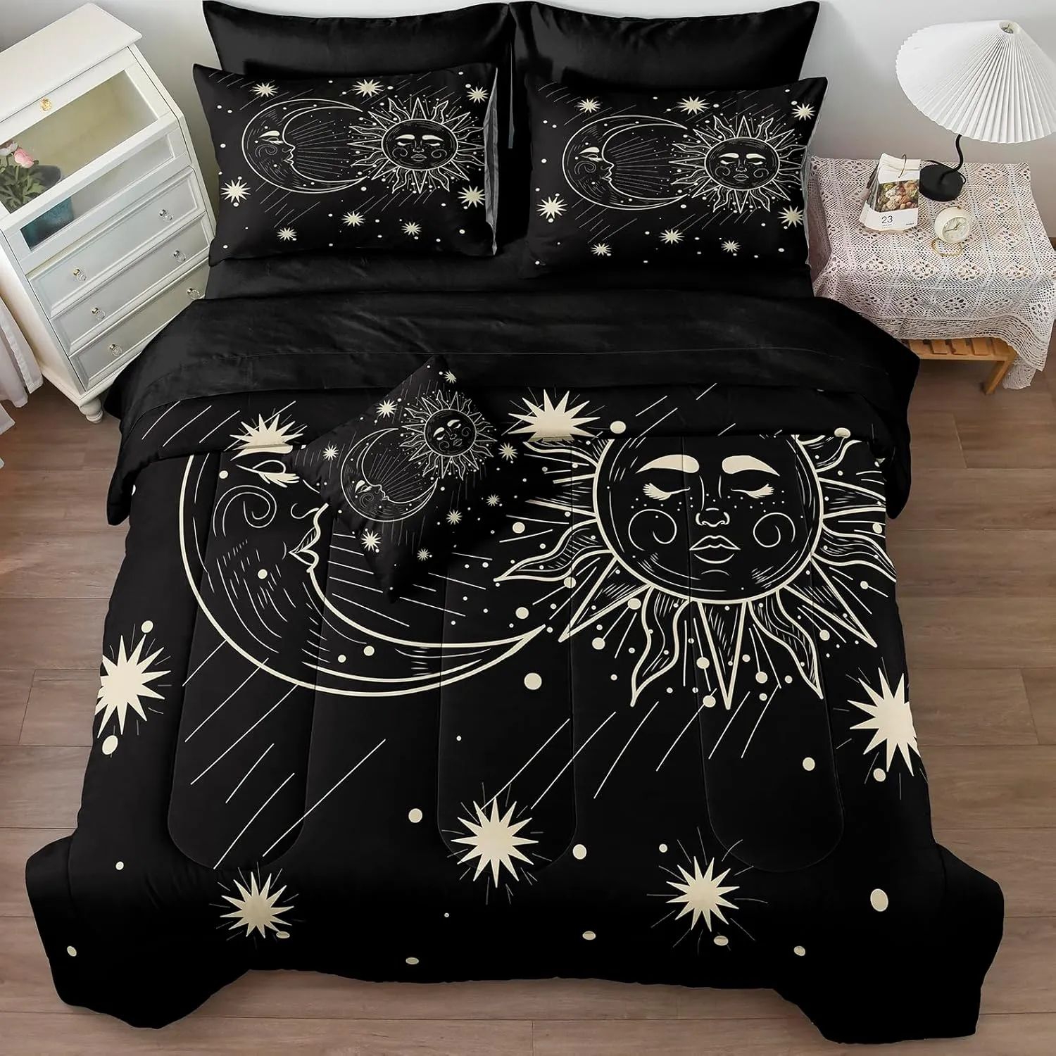 Merryword 8 Pieces Sun and Moon Bed in a Bag Black Psychedelic Mystic Galaxy Comforter Set Full Size Bohemian Universe Galaxy Bedding Comforter Set for Boys Girls Women