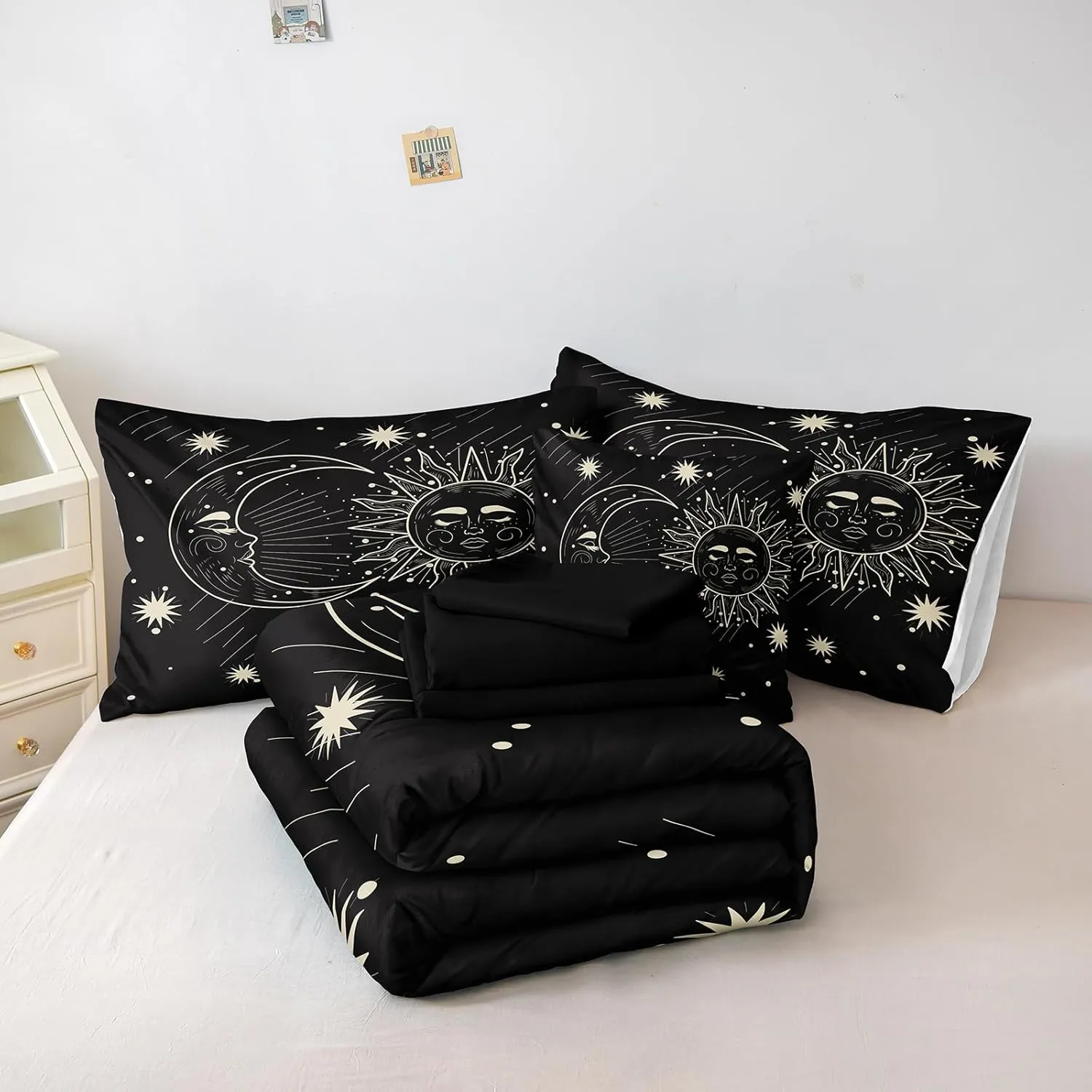 Merryword 8 Pieces Sun and Moon Bed in a Bag Black Psychedelic Mystic Galaxy Comforter Set Full Size Bohemian Universe Galaxy Bedding Comforter Set for Boys Girls Women