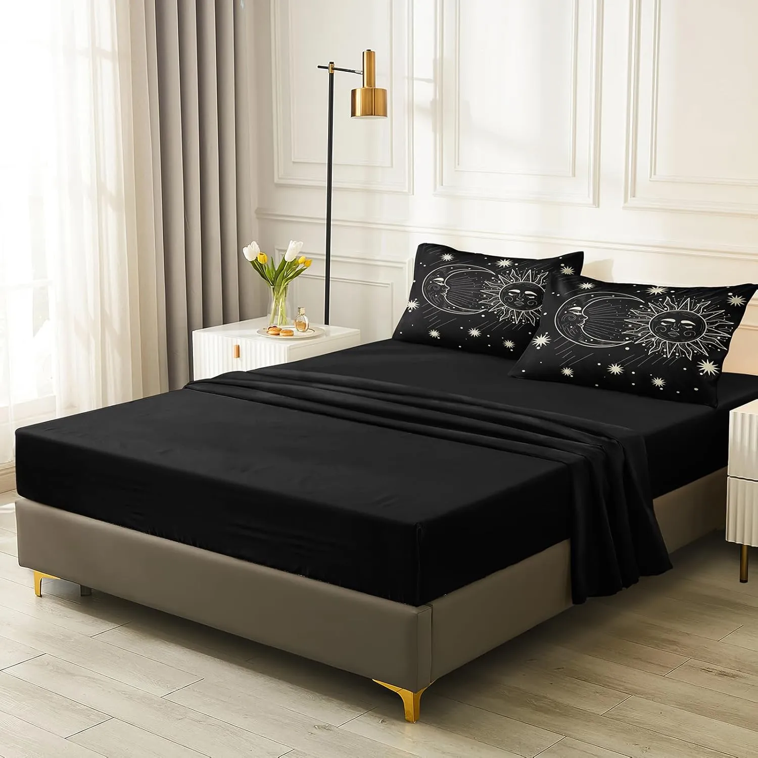 Merryword 8 Pieces Sun and Moon Bed in a Bag Black Psychedelic Mystic Galaxy Comforter Set Full Size Bohemian Universe Galaxy Bedding Comforter Set for Boys Girls Women