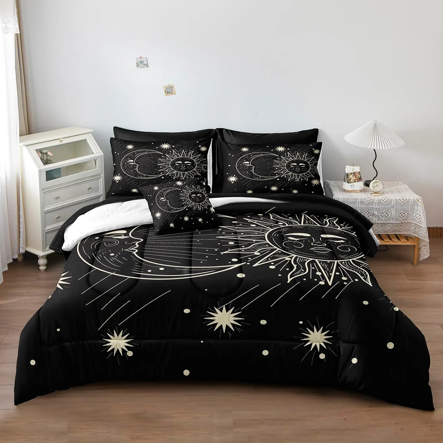 Merryword 8 Pieces Sun and Moon Bed in a Bag Black Psychedelic Mystic Galaxy Comforter Set Full Size Bohemian Universe Galaxy Bedding Comforter Set for Boys Girls Women