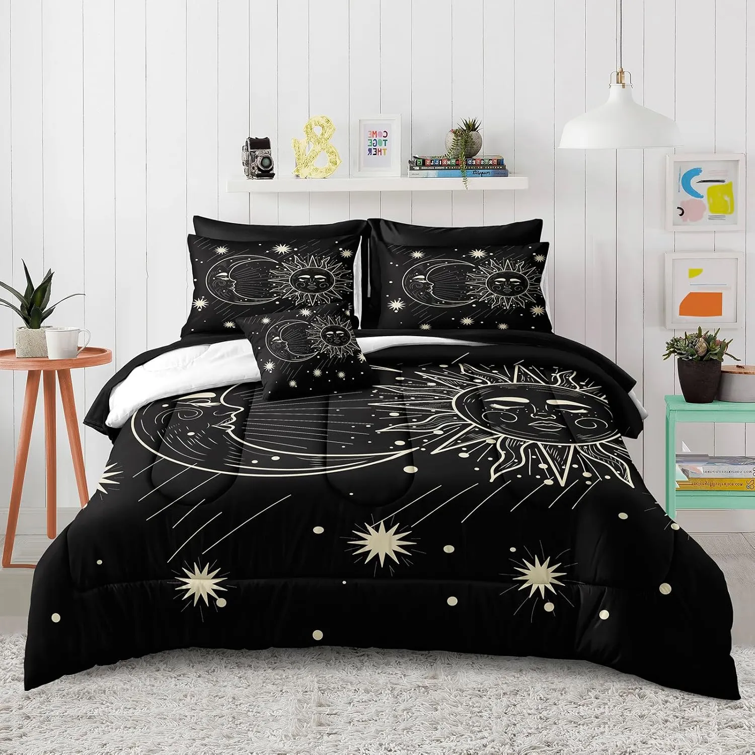 Merryword 8 Pieces Sun and Moon Bed in a Bag Black Psychedelic Mystic Galaxy Comforter Set Full Size Bohemian Universe Galaxy Bedding Comforter Set for Boys Girls Women