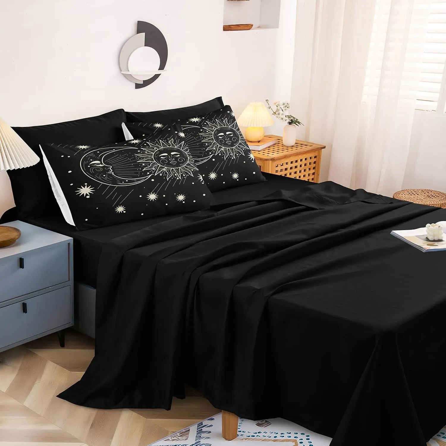 Merryword 8 Pieces Sun and Moon Bed in a Bag Black Psychedelic Mystic Galaxy Comforter Set Full Size Bohemian Universe Galaxy Bedding Comforter Set for Boys Girls Women
