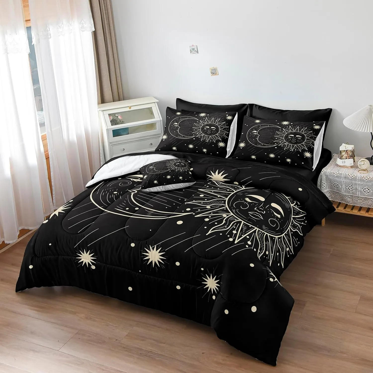 Merryword 8 Pieces Sun and Moon Bed in a Bag Black Psychedelic Mystic Galaxy Comforter Set Full Size Bohemian Universe Galaxy Bedding Comforter Set for Boys Girls Women