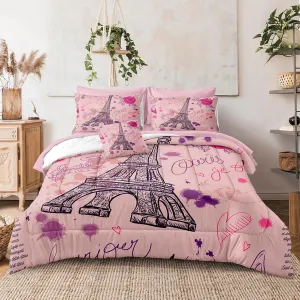 Merryword Pink Paris Tower Comforter Set King Size Bed in a Bag 8 Pieces Pink Rose Romantic Lovers Bedding Set Eiffel Tower Bedding Comforter Set
