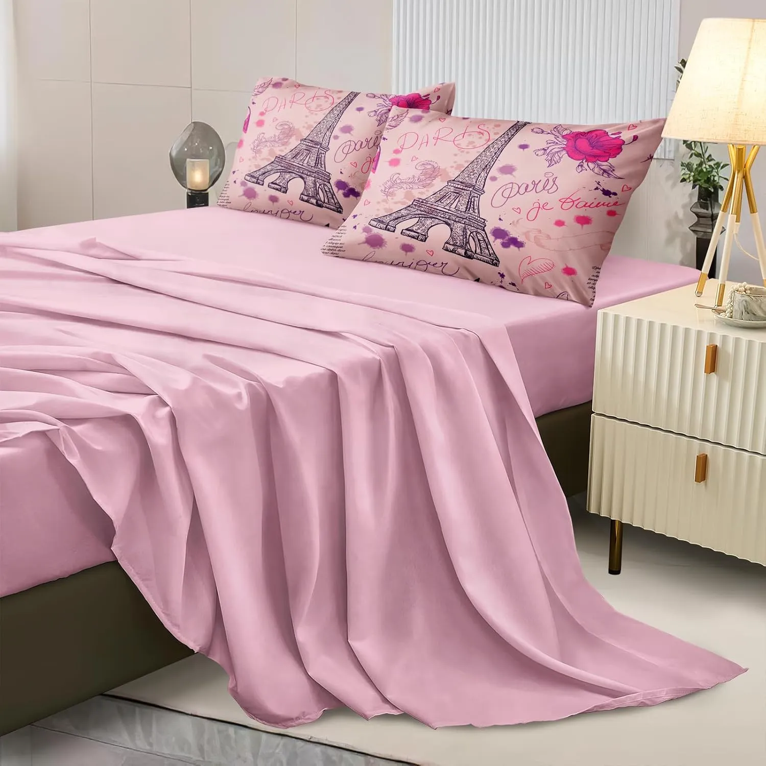 Merryword Pink Paris Tower Comforter Set King Size Bed in a Bag 8 Pieces Pink Rose Romantic Lovers Bedding Set Eiffel Tower Bedding Comforter Set