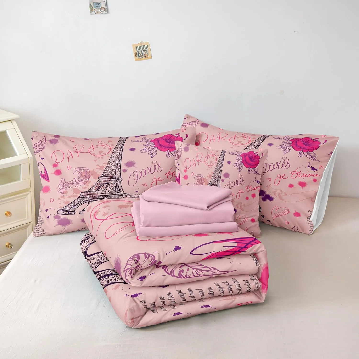 Merryword Pink Paris Tower Comforter Set King Size Bed in a Bag 8 Pieces Pink Rose Romantic Lovers Bedding Set Eiffel Tower Bedding Comforter Set