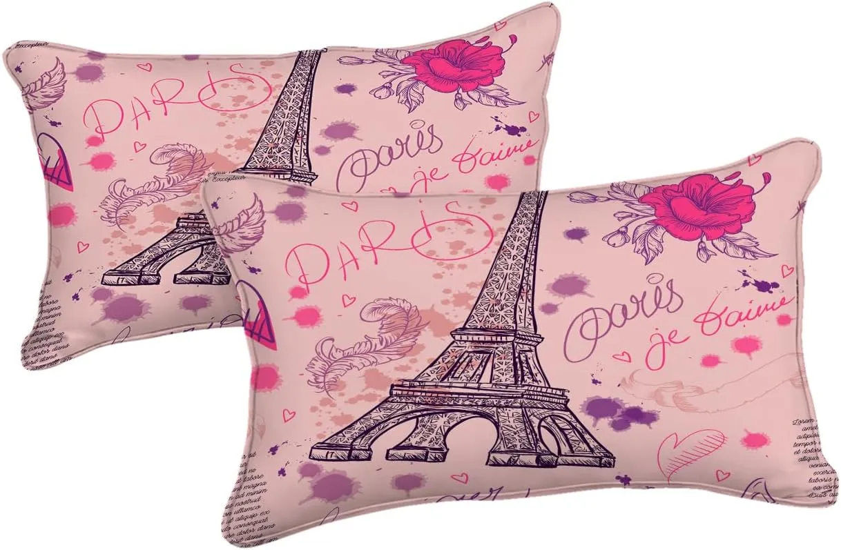 Merryword Pink Paris Tower Comforter Set King Size Bed in a Bag 8 Pieces Pink Rose Romantic Lovers Bedding Set Eiffel Tower Bedding Comforter Set