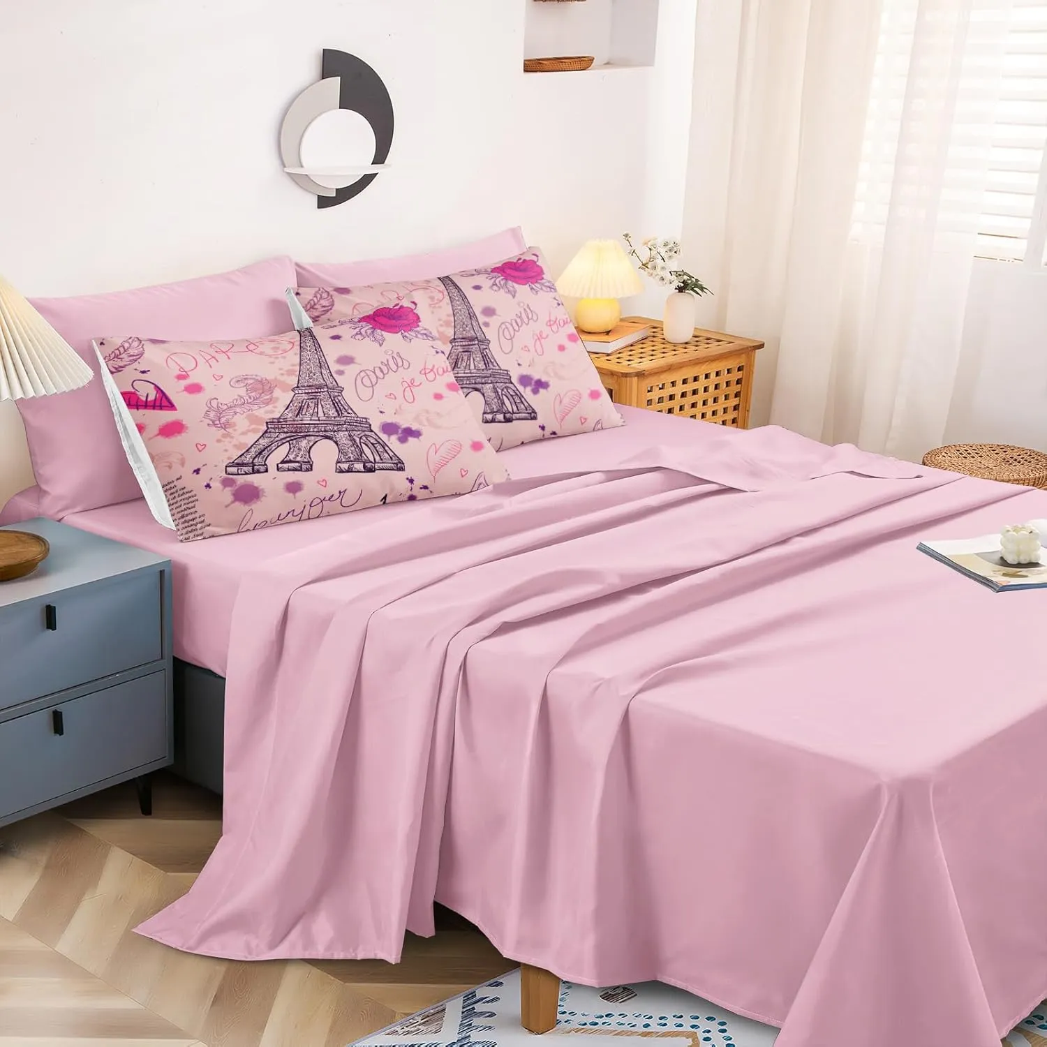 Merryword Pink Paris Tower Comforter Set King Size Bed in a Bag 8 Pieces Pink Rose Romantic Lovers Bedding Set Eiffel Tower Bedding Comforter Set