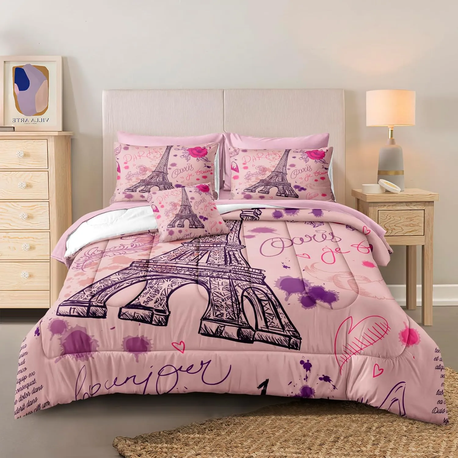 Merryword Pink Paris Tower Comforter Set King Size Bed in a Bag 8 Pieces Pink Rose Romantic Lovers Bedding Set Eiffel Tower Bedding Comforter Set