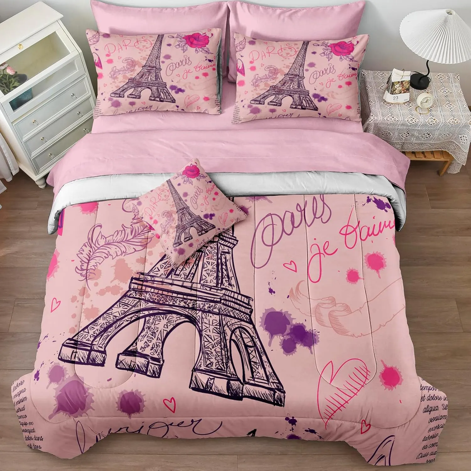 Merryword Pink Paris Tower Comforter Set King Size Bed in a Bag 8 Pieces Pink Rose Romantic Lovers Bedding Set Eiffel Tower Bedding Comforter Set