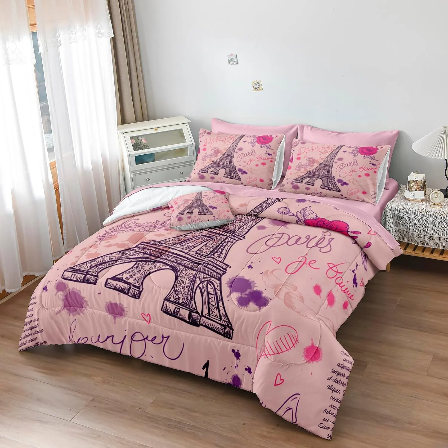 Merryword Pink Paris Tower Comforter Set King Size Bed in a Bag 8 Pieces Pink Rose Romantic Lovers Bedding Set Eiffel Tower Bedding Comforter Set