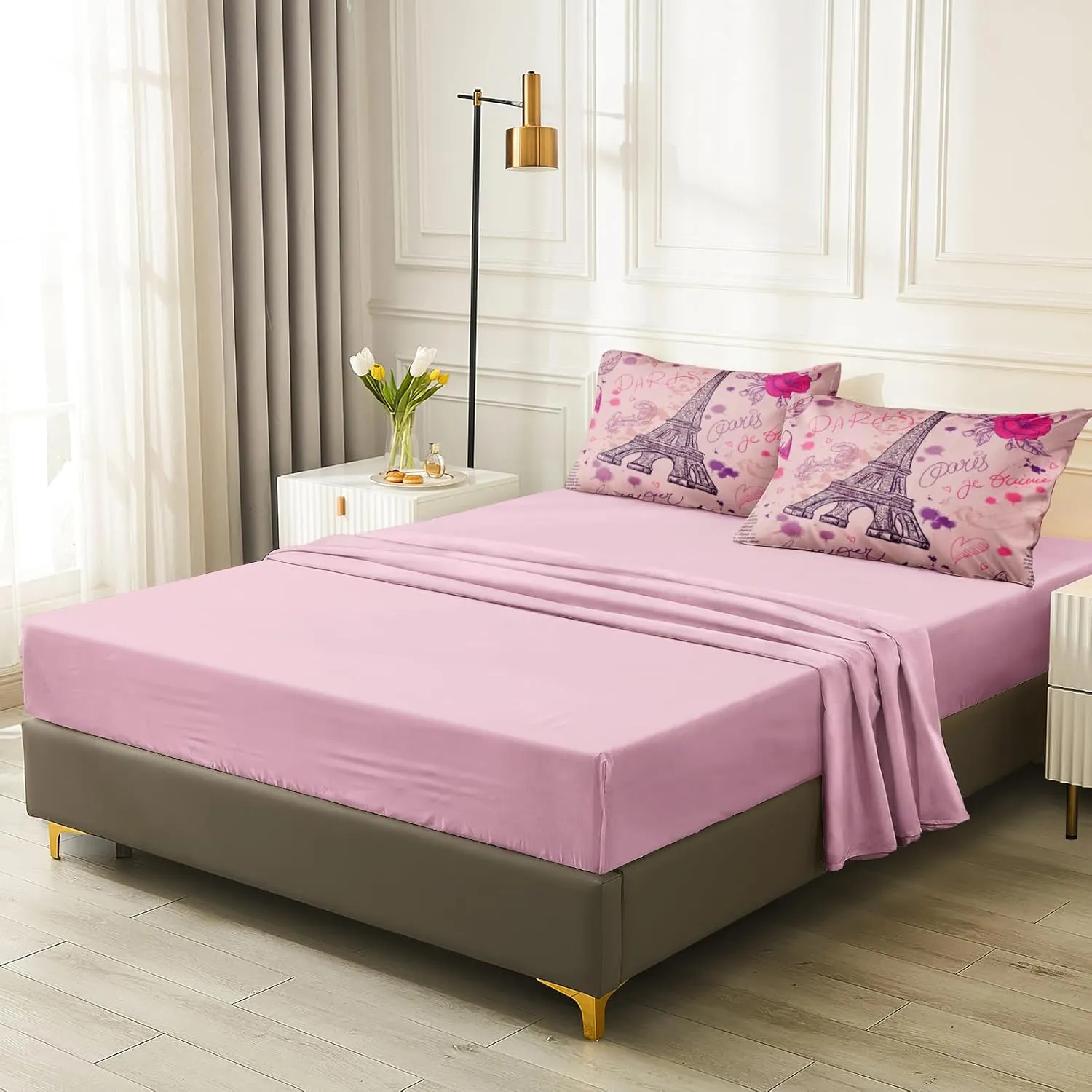 Merryword Pink Paris Tower Comforter Set King Size Bed in a Bag 8 Pieces Pink Rose Romantic Lovers Bedding Set Eiffel Tower Bedding Comforter Set