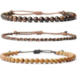 Mezcla Vida 3 Pcs Handmade Natural Gemstone Beaded Healing Bracelet, Adjustable Waterproof Rope Bracelet Set, Valentines Day Birthday Gifts for Boyfriend Husband Him (Bronzite & wooden line jasper)