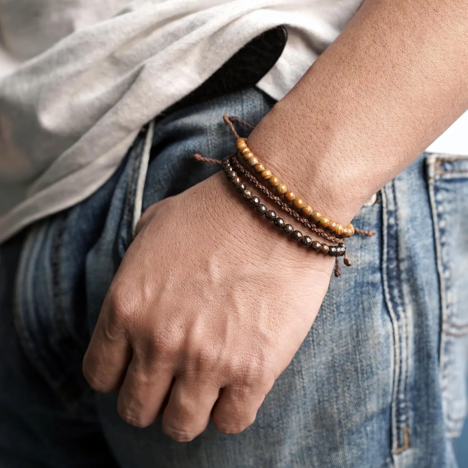 Mezcla Vida 3 Pcs Handmade Natural Gemstone Beaded Healing Bracelet, Adjustable Waterproof Rope Bracelet Set, Valentines Day Birthday Gifts for Boyfriend Husband Him (Bronzite & wooden line jasper)