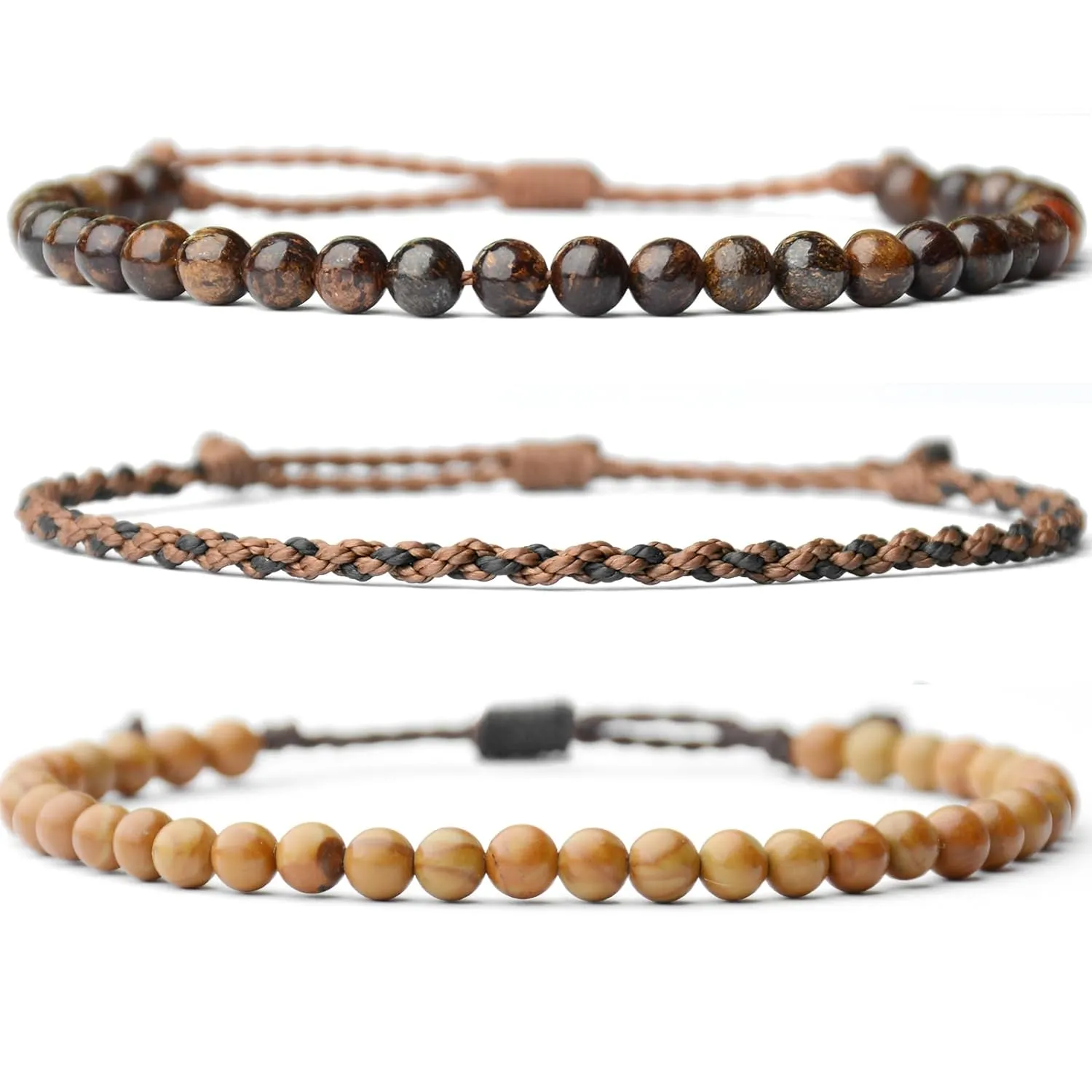 Mezcla Vida 3 Pcs Handmade Natural Gemstone Beaded Healing Bracelet, Adjustable Waterproof Rope Bracelet Set, Valentines Day Birthday Gifts for Boyfriend Husband Him (Bronzite & wooden line jasper)