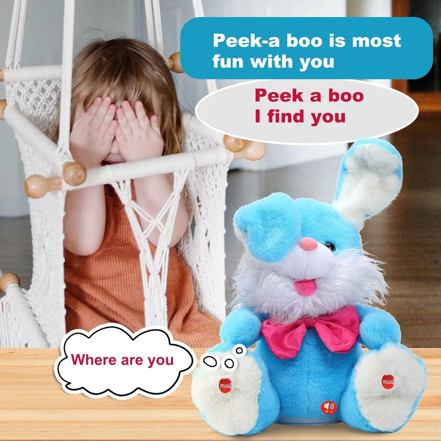 MIAODAM Bunny Stuffed Animal, Children Songs & Lullabies Peek-A Boo Toys Repeats What You Say with Floppy Ears, Singing Stuffed Animals Birthday Gifts 6 7 8 9 10 12 Month 1 Year Old Boy Girl