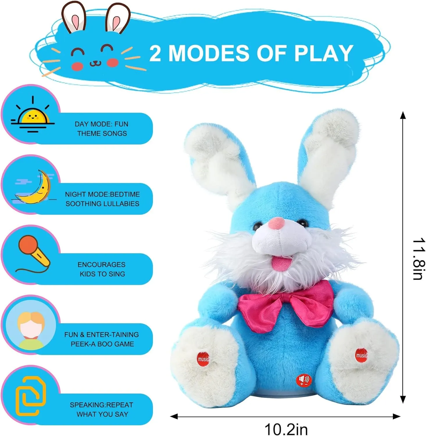MIAODAM Bunny Stuffed Animal, Children Songs & Lullabies Peek-A Boo Toys Repeats What You Say with Floppy Ears, Singing Stuffed Animals Birthday Gifts 6 7 8 9 10 12 Month 1 Year Old Boy Girl