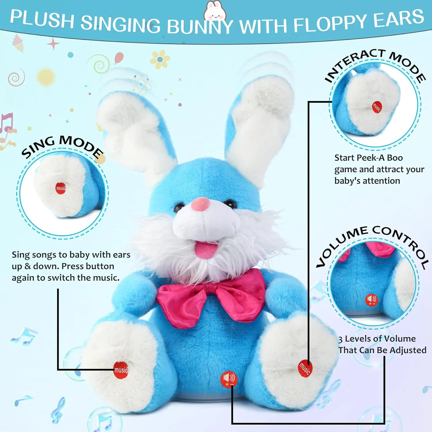 MIAODAM Bunny Stuffed Animal, Children Songs & Lullabies Peek-A Boo Toys Repeats What You Say with Floppy Ears, Singing Stuffed Animals Birthday Gifts 6 7 8 9 10 12 Month 1 Year Old Boy Girl