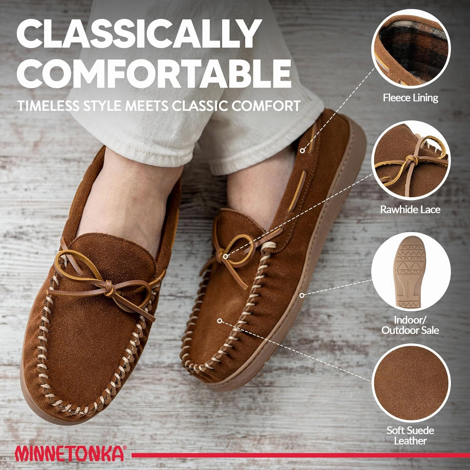 Minnetonka Plaid Lined Hardsole - Moccasin Slippers for Men Made with Suede Upper, Rubber Sole, Plush Interior, Fleece Lining, Rawhide Lace, and Traditional Moccasin Design