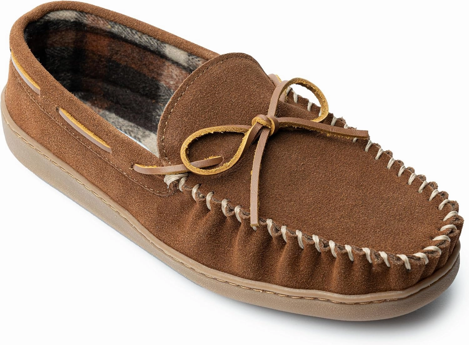 Minnetonka Plaid Lined Hardsole - Moccasin Slippers for Men Made with Suede Upper, Rubber Sole, Plush Interior, Fleece Lining, Rawhide Lace, and Traditional Moccasin Design