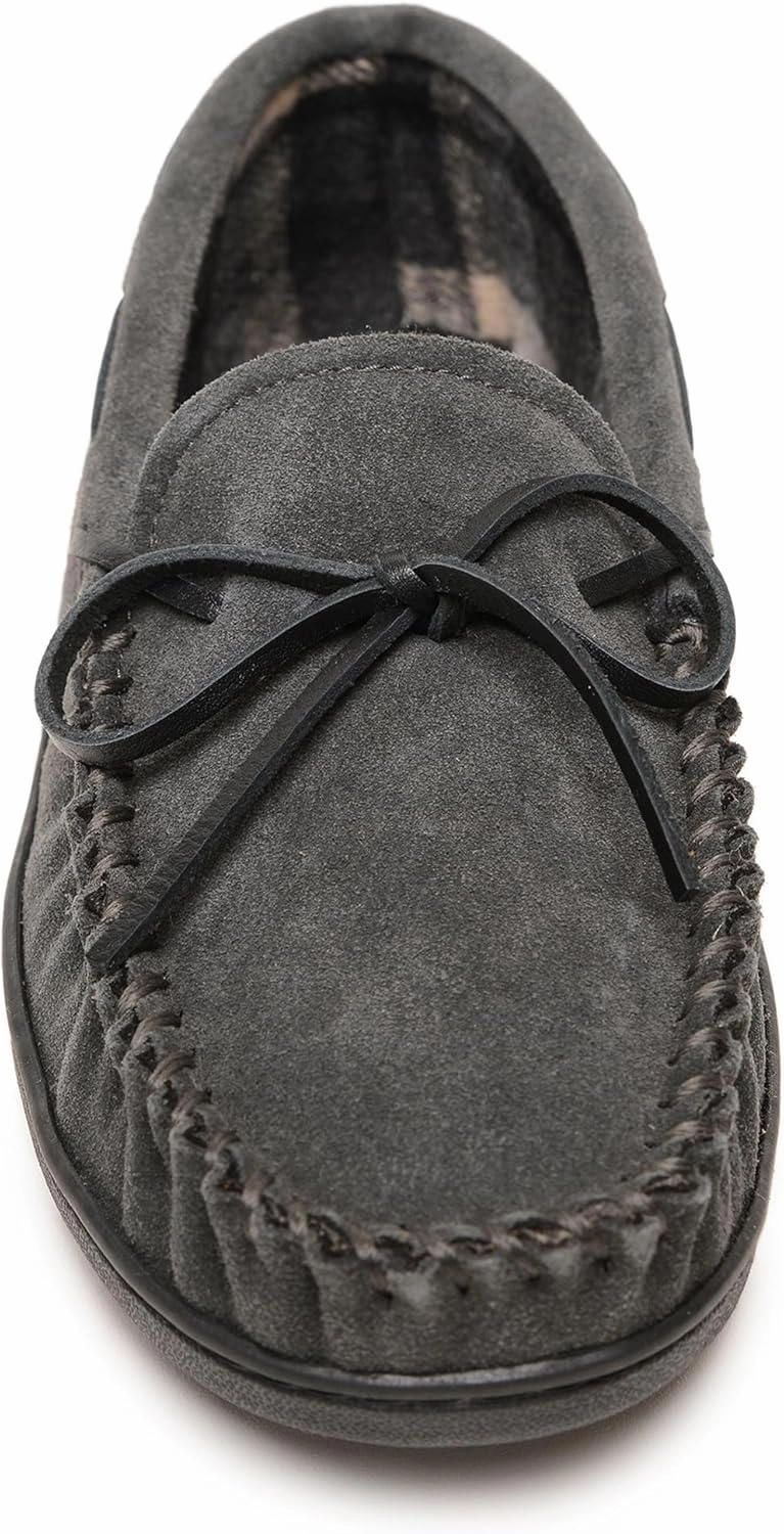 Minnetonka Plaid Lined Hardsole - Moccasin Slippers for Men Made with Suede Upper, Rubber Sole, Plush Interior, Fleece Lining, Rawhide Lace, and Traditional Moccasin Design