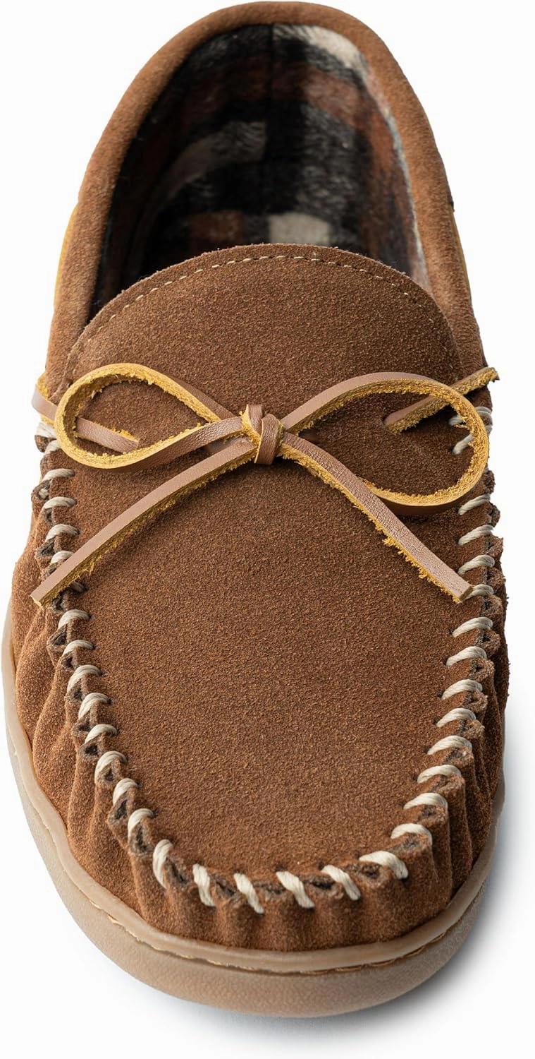 Minnetonka Plaid Lined Hardsole - Moccasin Slippers for Men Made with Suede Upper, Rubber Sole, Plush Interior, Fleece Lining, Rawhide Lace, and Traditional Moccasin Design