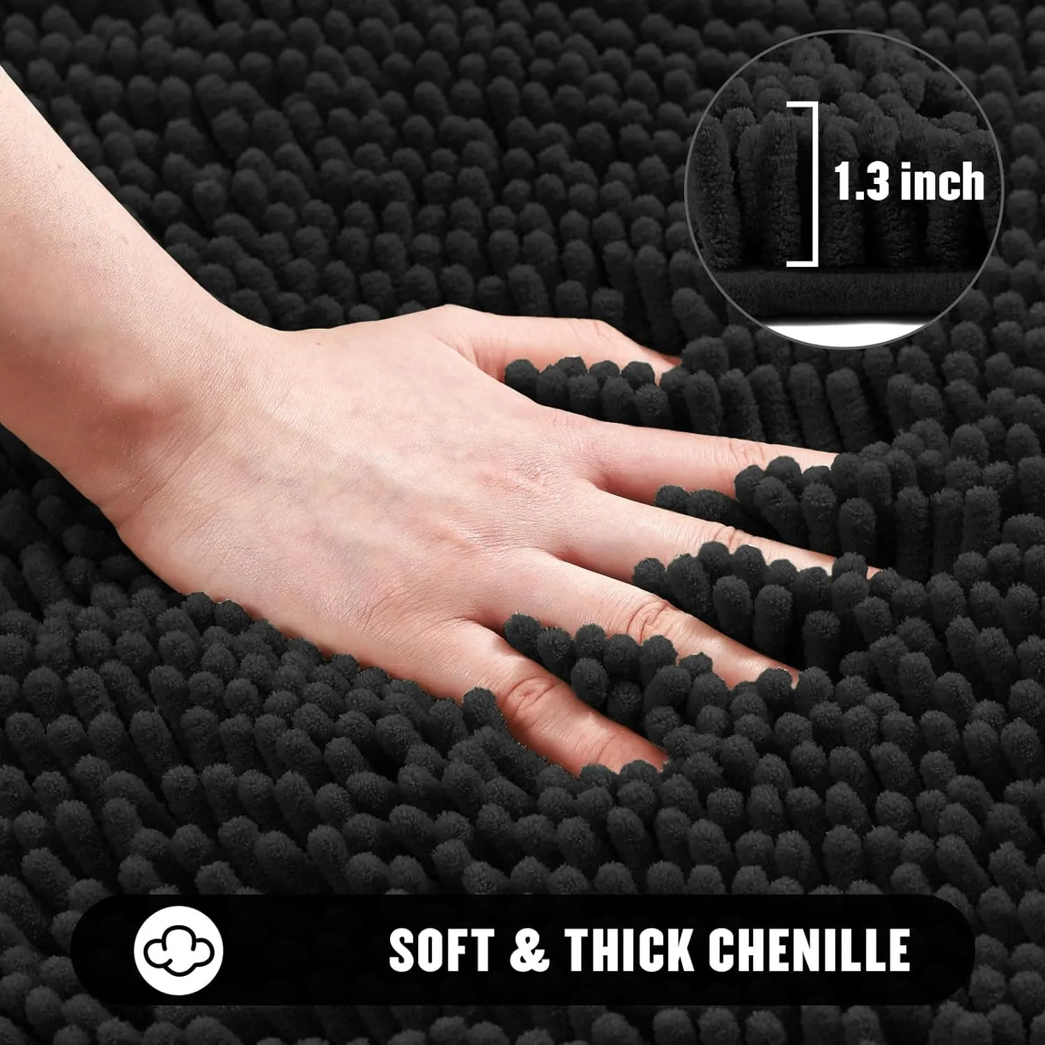 MitoVilla Black Bathroom Rugs 2 Piece Set - 17" x 24"   20" x 32", Non-Slip Extra Soft Absorbent Chenille Bath Rugs, Quick Dry Shaggy Shower Bathroom Floor Mat