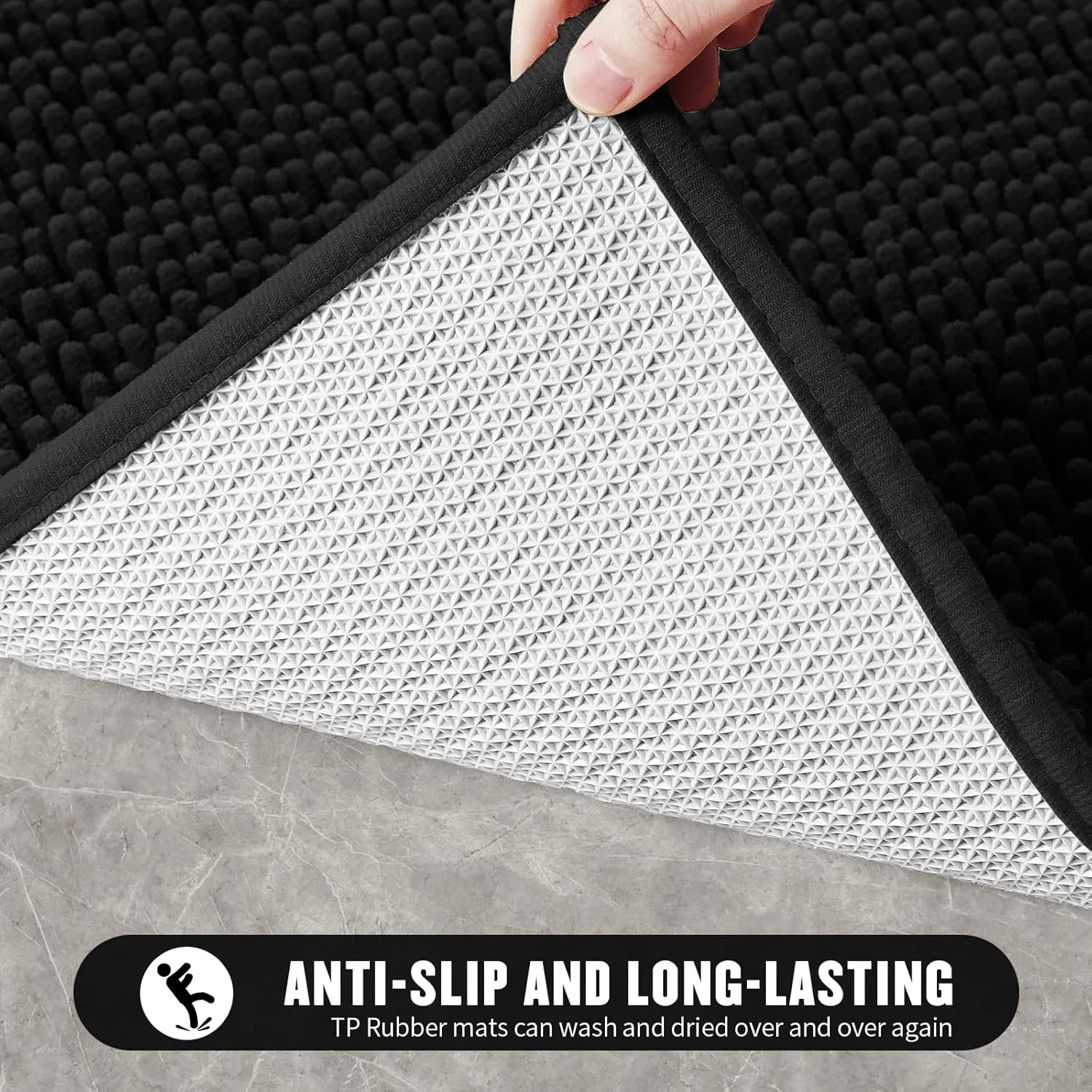 MitoVilla Black Bathroom Rugs 2 Piece Set - 17" x 24"   20" x 32", Non-Slip Extra Soft Absorbent Chenille Bath Rugs, Quick Dry Shaggy Shower Bathroom Floor Mat
