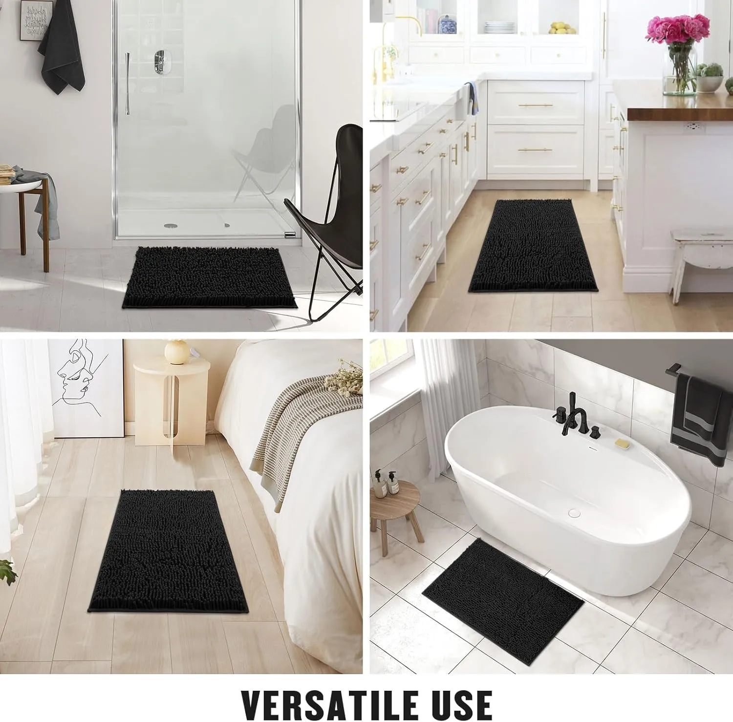 MitoVilla Black Bathroom Rugs 2 Piece Set - 17" x 24"   20" x 32", Non-Slip Extra Soft Absorbent Chenille Bath Rugs, Quick Dry Shaggy Shower Bathroom Floor Mat