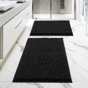 MitoVilla Black Bathroom Rugs 2 Piece Set - 17" x 24"   20" x 32", Non-Slip Extra Soft Absorbent Chenille Bath Rugs, Quick Dry Shaggy Shower Bathroom Floor Mat