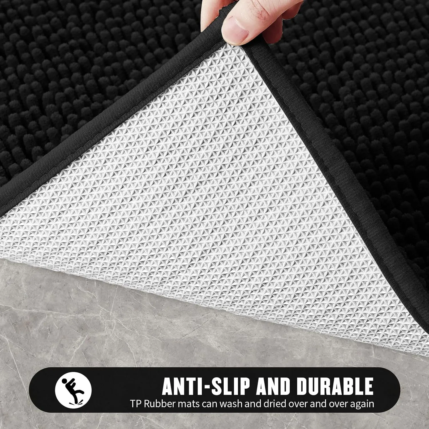 MitoVilla Black Bathroom Rugs 2 Piece Set - 17" x 24"   20" x 32", Non-Slip Extra Soft Absorbent Chenille Bath Rugs, Quick Dry Shaggy Shower Bathroom Floor Mat