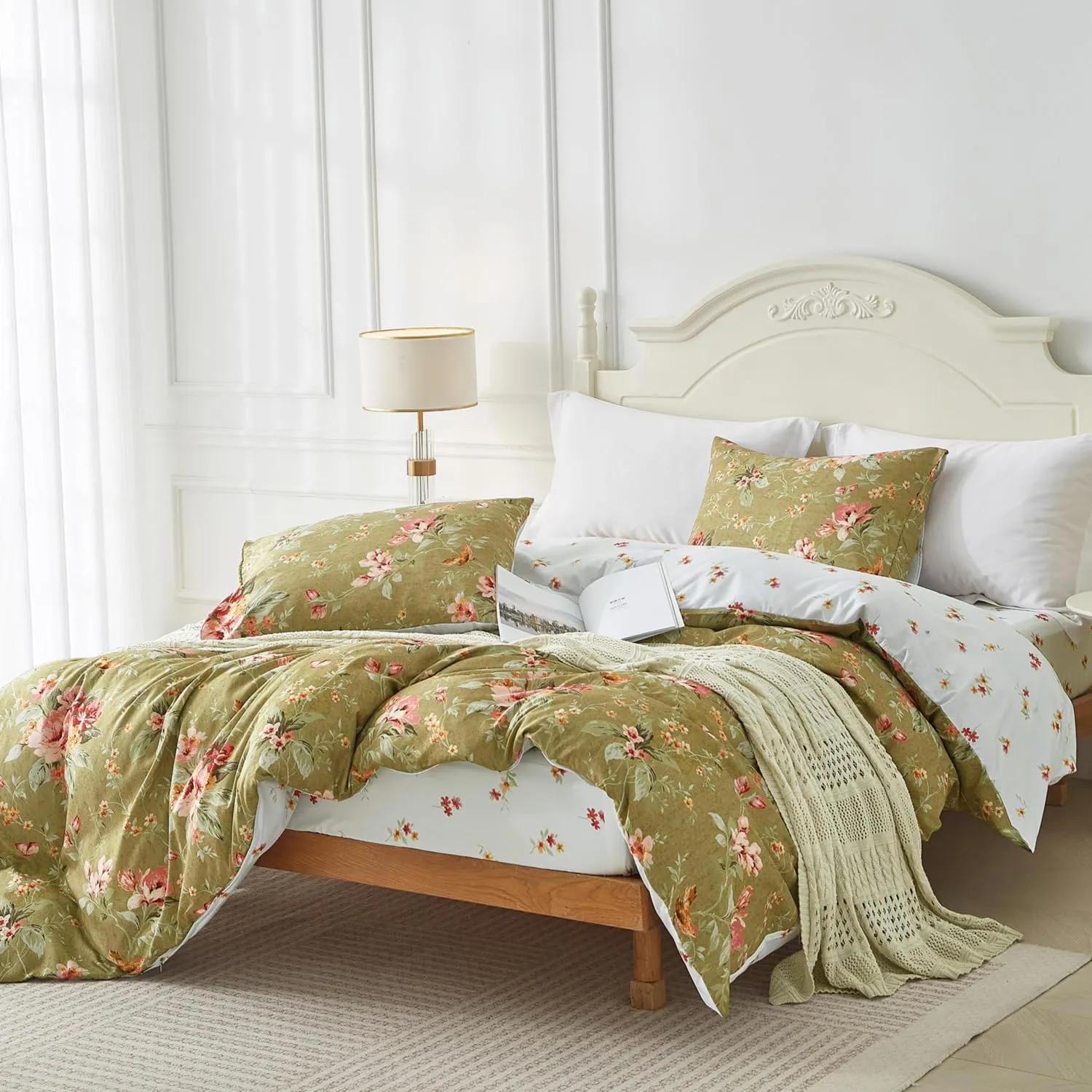 mixinni Duvet Cover Queen Size, Long Staple Cotton Reversible Green Floral Duvet Cover Set with Zipper Ties, 3 Pieces Botanical Pink Flowers and Green Branches Patterns Bedding Set