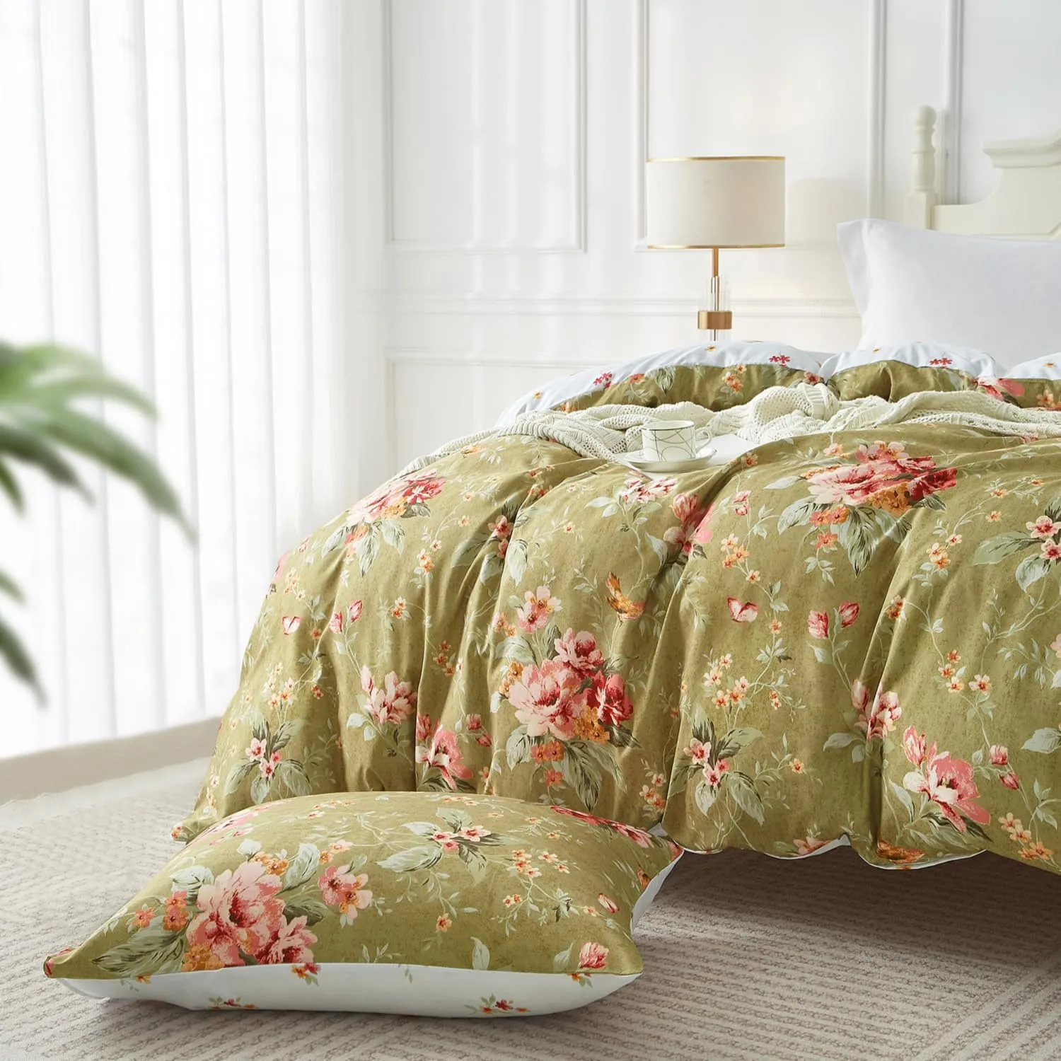 mixinni Duvet Cover Queen Size, Long Staple Cotton Reversible Green Floral Duvet Cover Set with Zipper Ties, 3 Pieces Botanical Pink Flowers and Green Branches Patterns Bedding Set