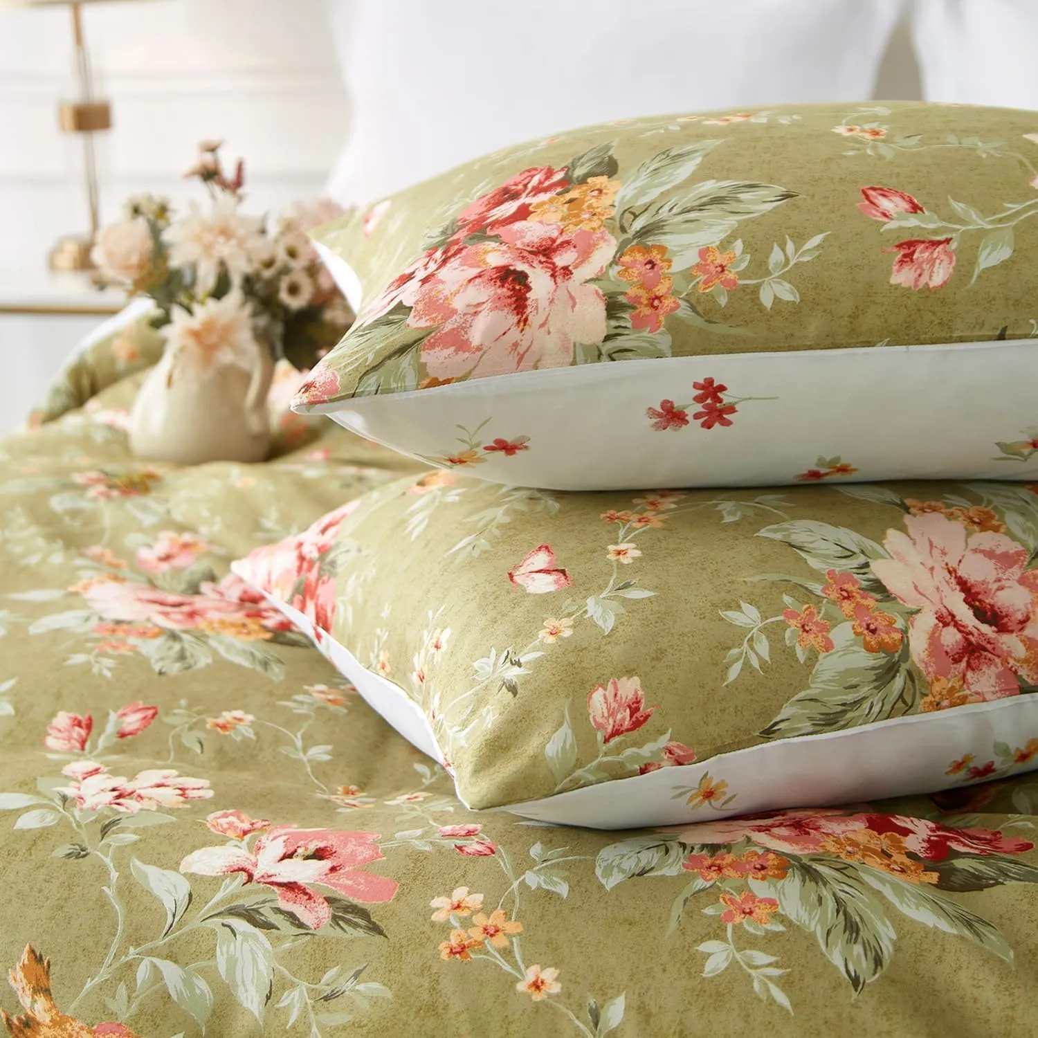 mixinni Duvet Cover Queen Size, Long Staple Cotton Reversible Green Floral Duvet Cover Set with Zipper Ties, 3 Pieces Botanical Pink Flowers and Green Branches Patterns Bedding Set