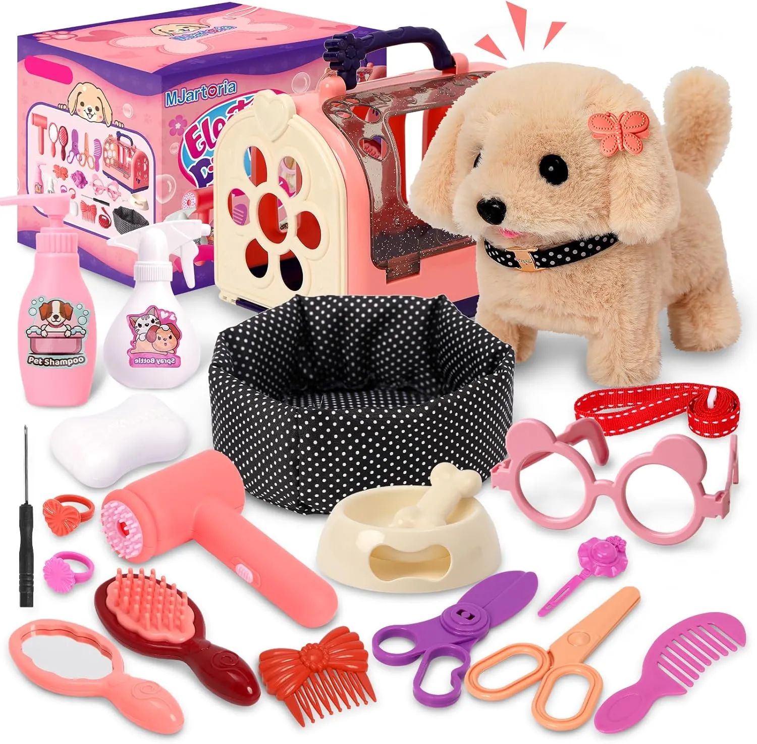 MJartoria 22Pcs Dog Toys for Kids Girls, Walking Barking Electronic Interactive Stuffed Dog Plush Toy, Puppy Pet Care Pretend Play Accessories Toys Kit, Gifts for Girls 3 4 5 6 Year Old
