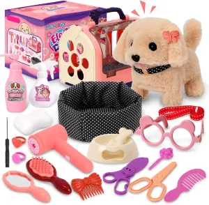 MJartoria 22Pcs Dog Toys for Kids Girls, Walking Barking Electronic Interactive Stuffed Dog Plush Toy, Puppy Pet Care Pretend Play Accessories Toys Kit, Gifts for Girls 3 4 5 6 Year Old