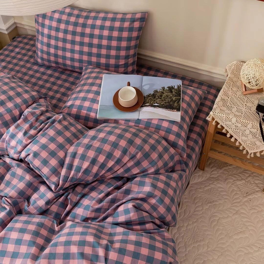 MKXI Plaid Duvet Cover Queen Pink Plaids Floral Bedding Breathable Linen Like Textured Duvet Cover Set Natural Wrinkled Look Rustic Geometric Farmhouse Style Bedding for Girls Women
