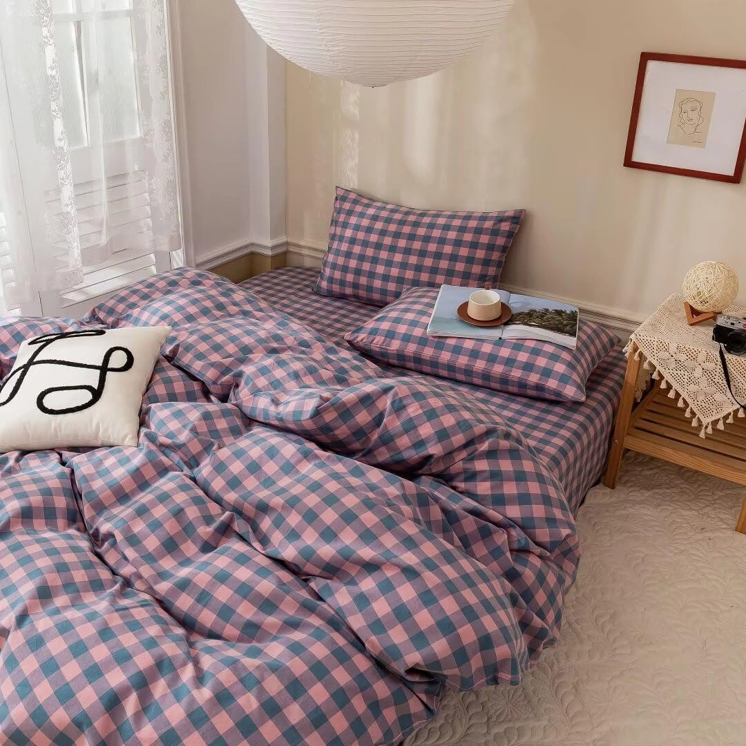 MKXI Plaid Duvet Cover Queen Pink Plaids Floral Bedding Breathable Linen Like Textured Duvet Cover Set Natural Wrinkled Look Rustic Geometric Farmhouse Style Bedding for Girls Women