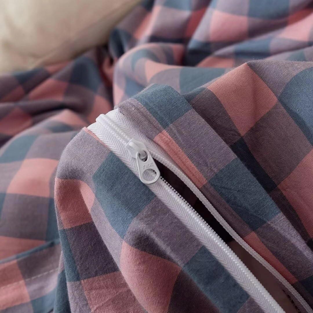 MKXI Plaid Duvet Cover Queen Pink Plaids Floral Bedding Breathable Linen Like Textured Duvet Cover Set Natural Wrinkled Look Rustic Geometric Farmhouse Style Bedding for Girls Women