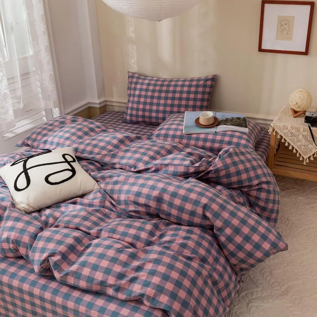 MKXI Plaid Duvet Cover Queen Pink Plaids Floral Bedding Breathable Linen Like Textured Duvet Cover Set Natural Wrinkled Look Rustic Geometric Farmhouse Style Bedding for Girls Women